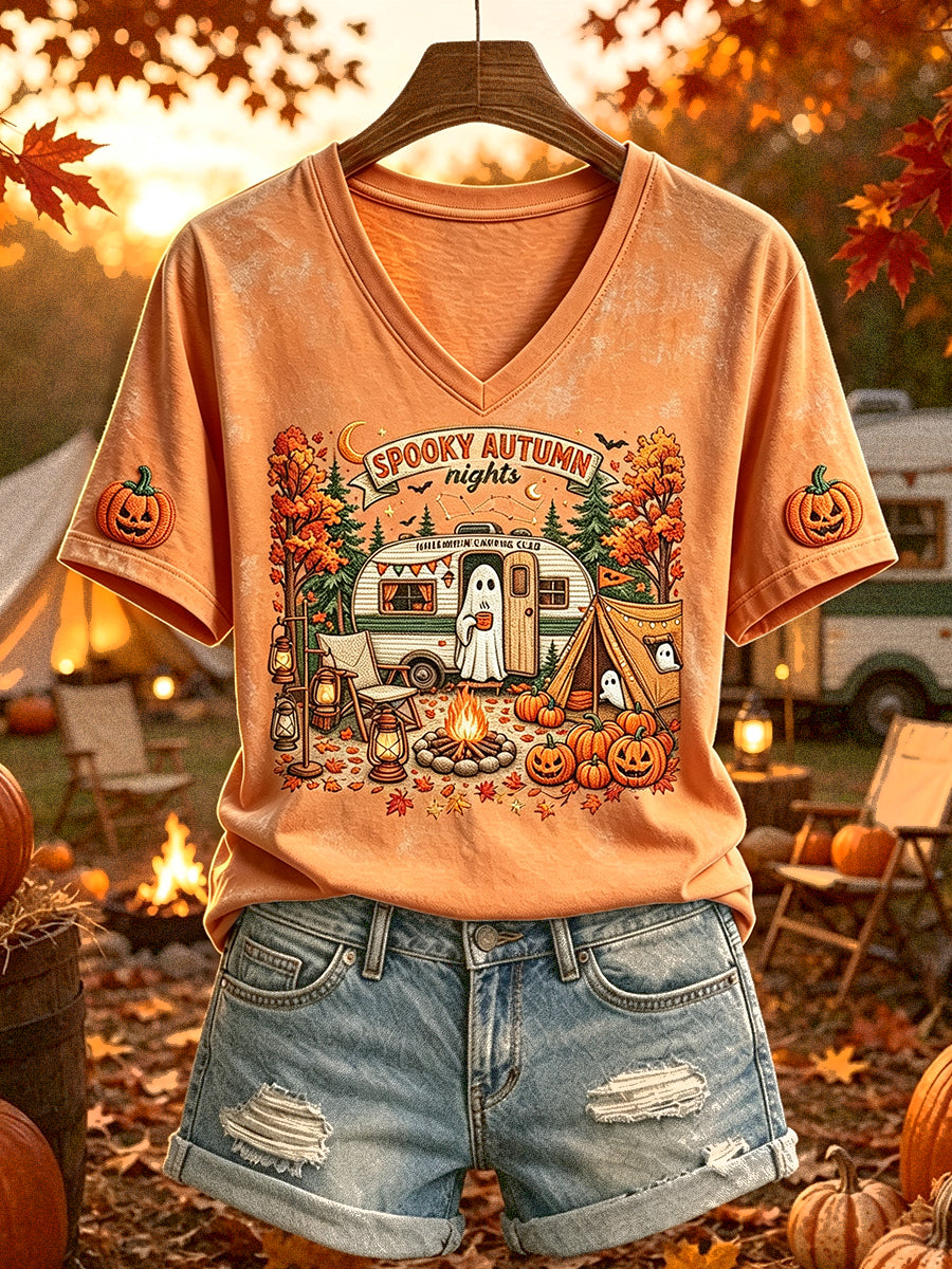 Kvinnlig rolig Halloween-t-shirt med korta ärmar och tryck av campingspöke