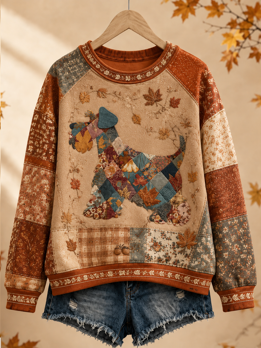 Damsweatshirt i höstlig patchworkdesign med hundmönster, normal passform