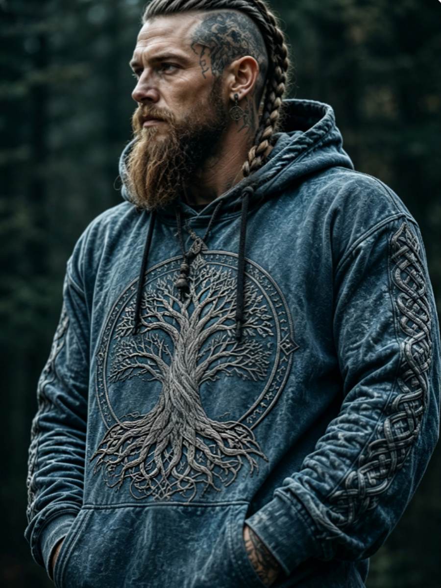 Herrtröja med vikingakeltsk knut och Livets Träd – konstdesign, luvtröja