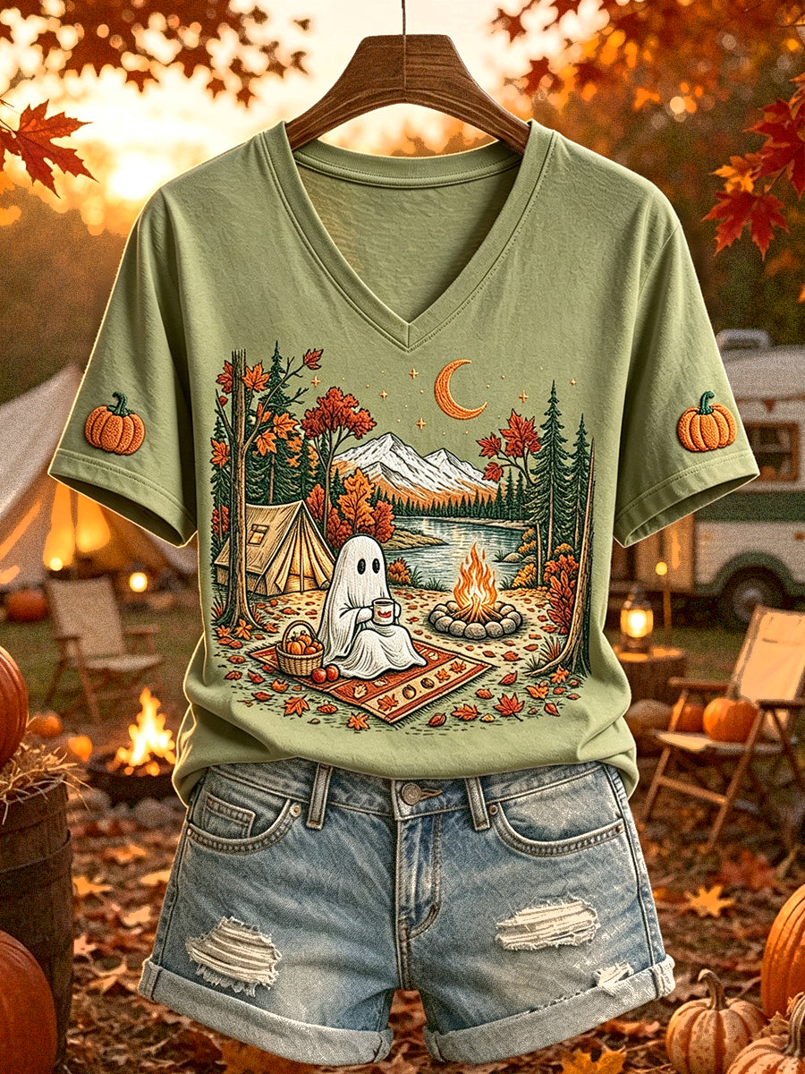 Kvinnlig rolig Halloween-t-shirt med korta ärmar och tryck av campingspöke