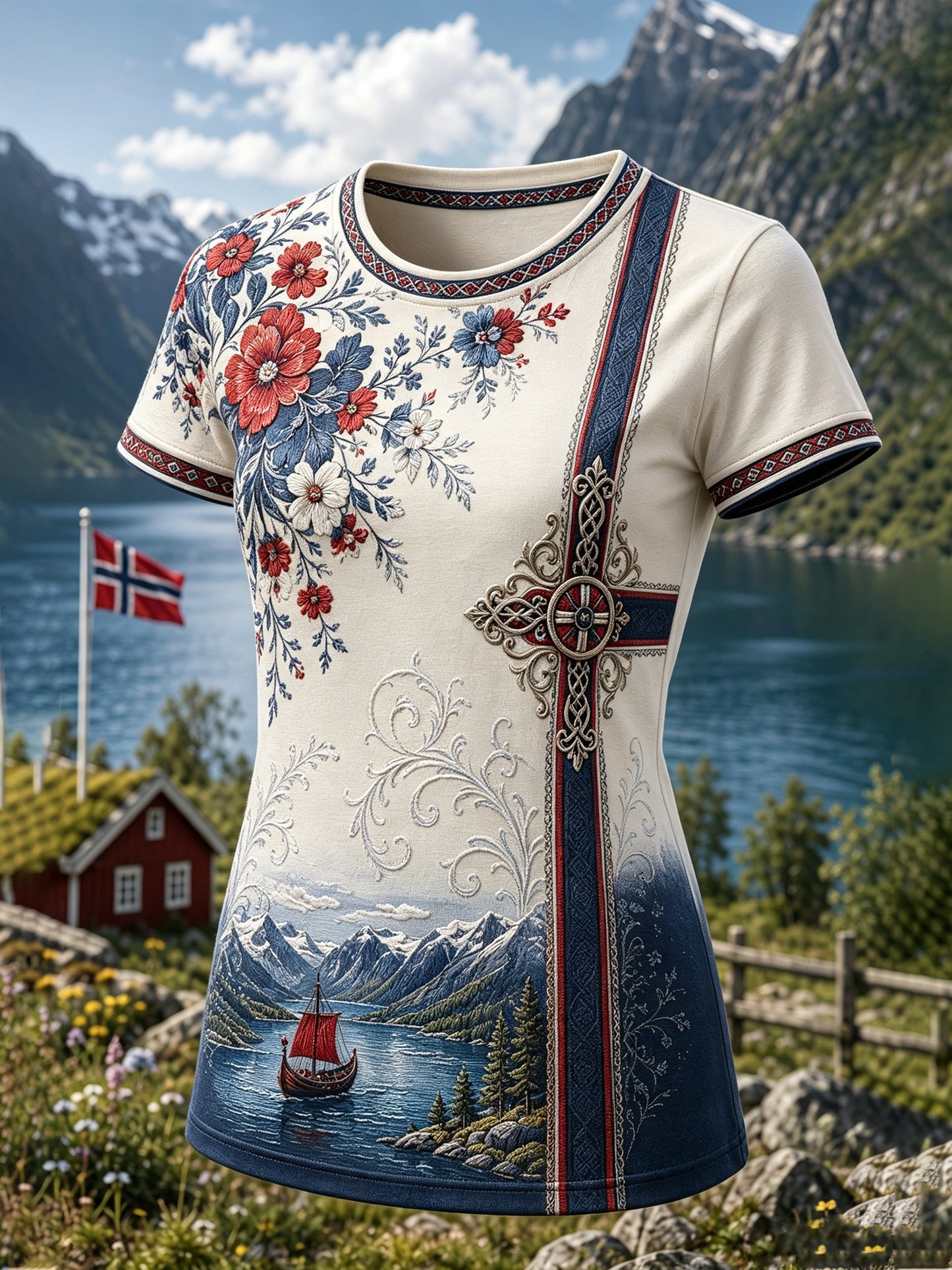 Kvinnlig konsttryck med norsksamiskt kulturellt inslag – avslappnad t-shirt
