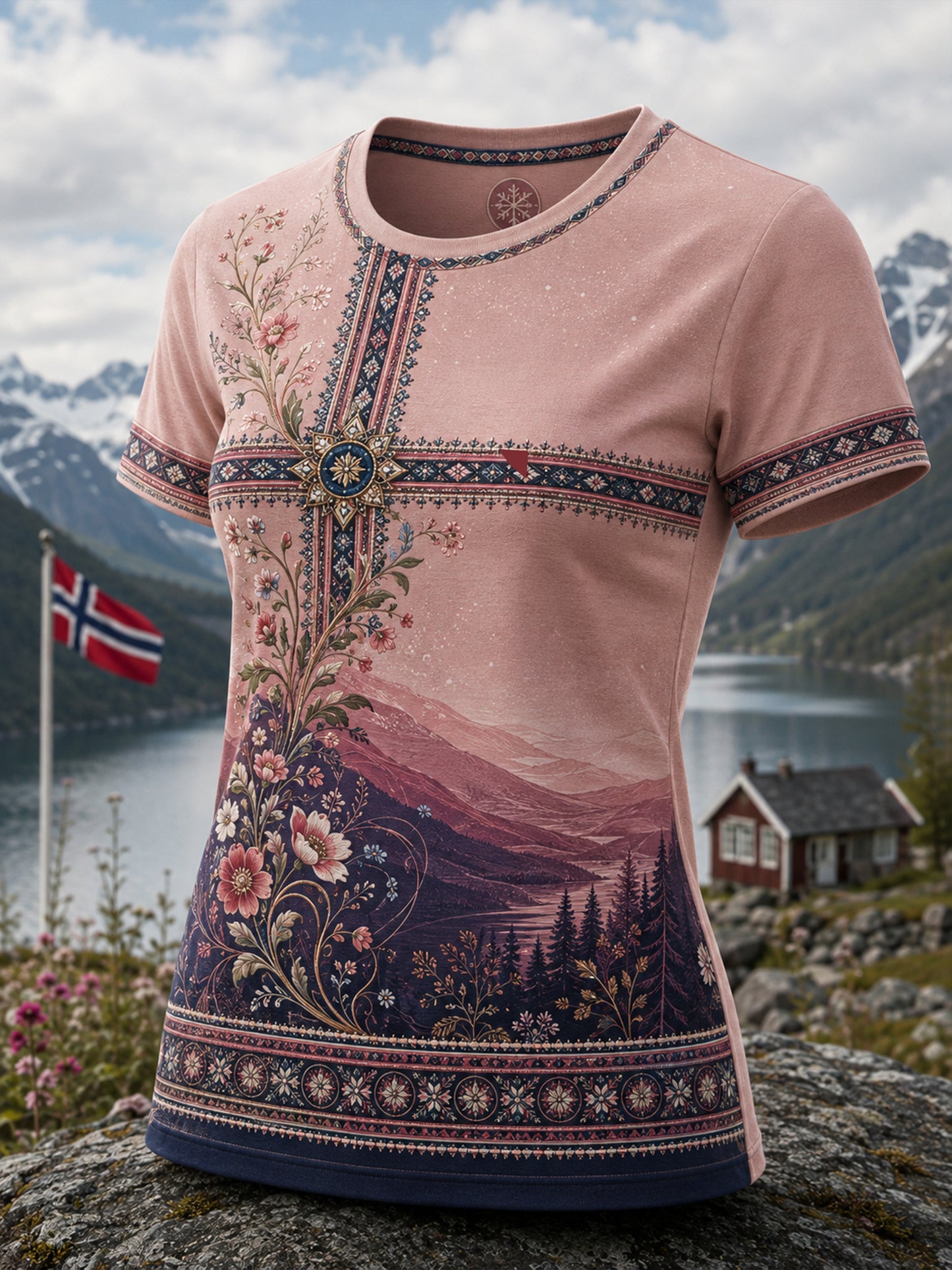 Kvinnlig konsttryck med norsksamiskt kulturellt inslag – avslappnad t-shirt