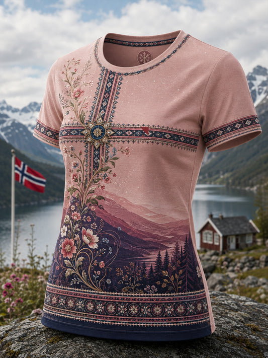 Kvinnlig konsttryck med norsksamiskt kulturellt inslag – avslappnad t-shirt