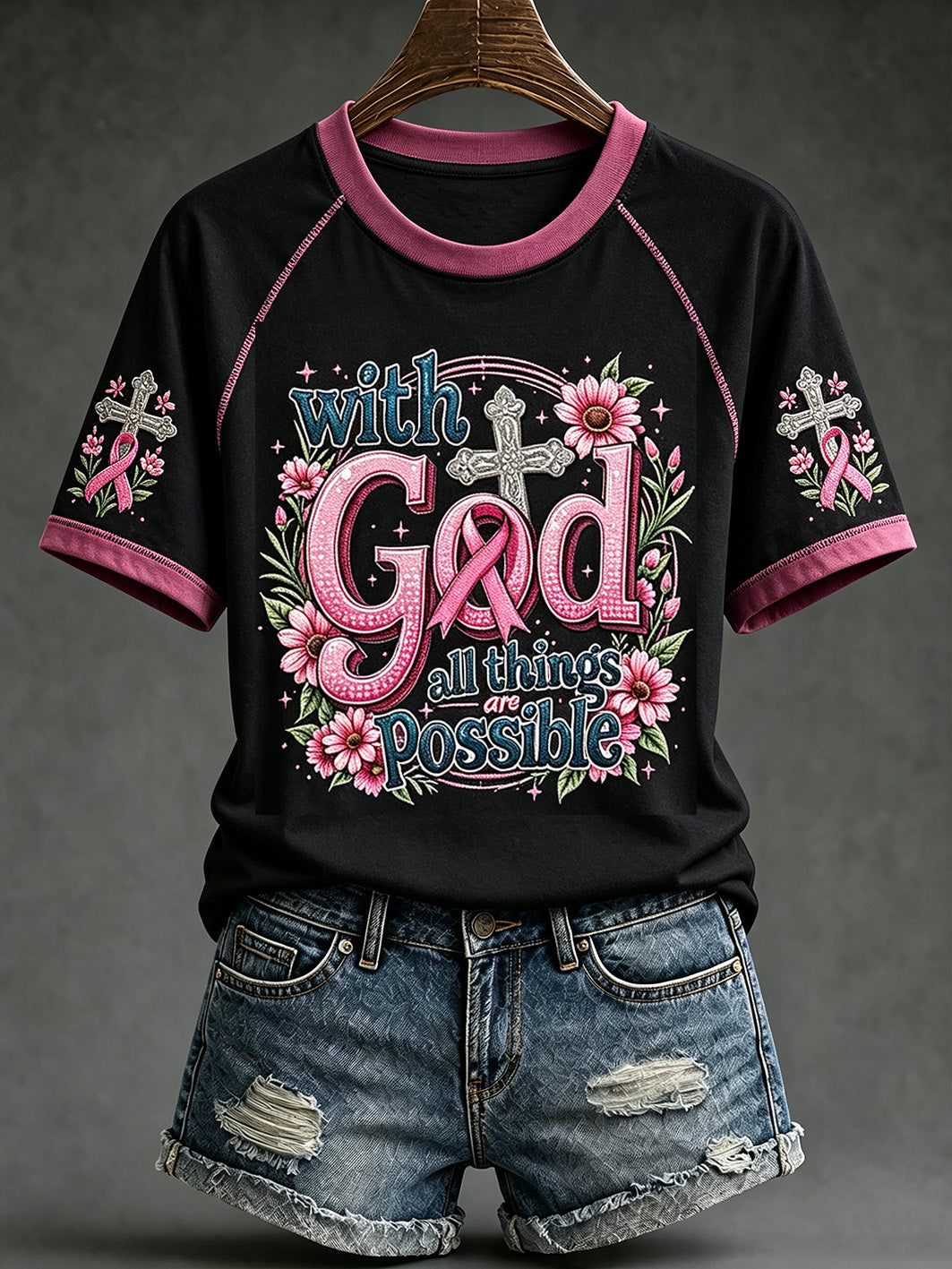 Kvinnor bröstcancer tema mönster tryckt casual rund hals kort ärm T-shirt