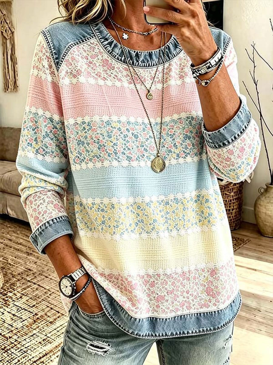 Kvinnors bröstcancer medvetenhet Denim Patchwork topp