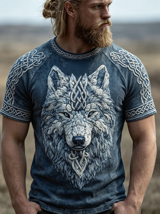 Herrens retro Viking varg huvud mönster tryckt avslappnad kortärmad T-shirt