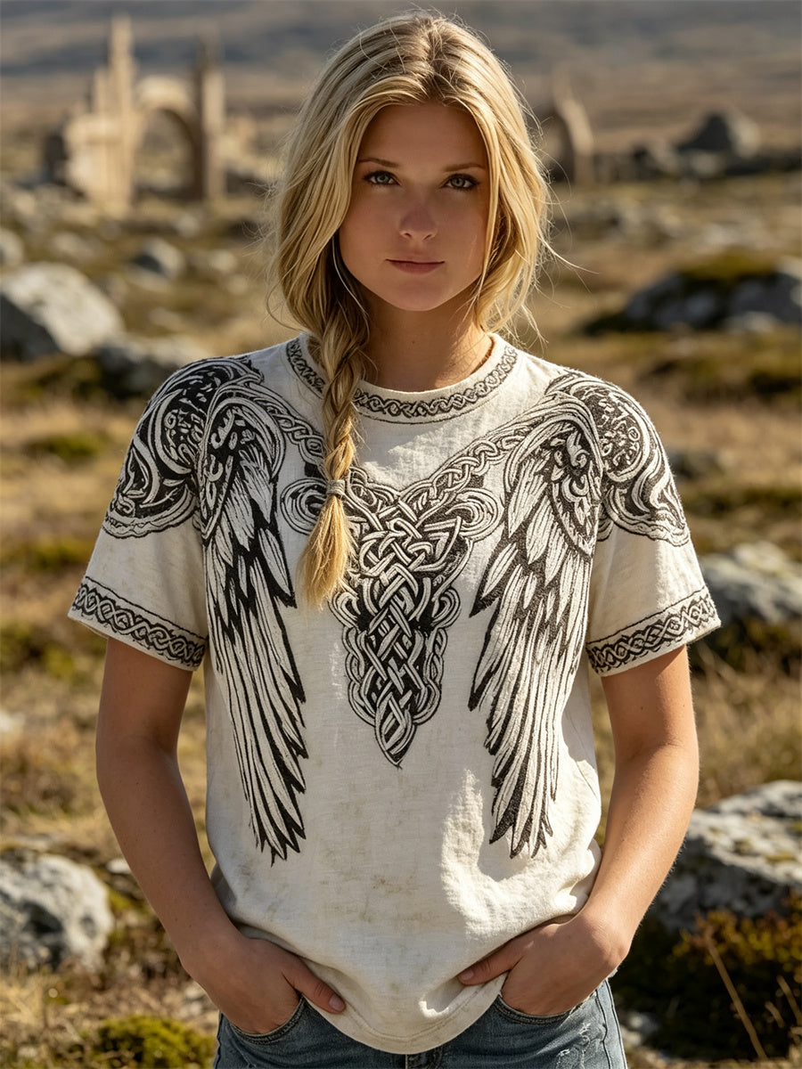 Damens Vintage Wings Viking Celtic Knot Skriv ut kortärmad T-shirt