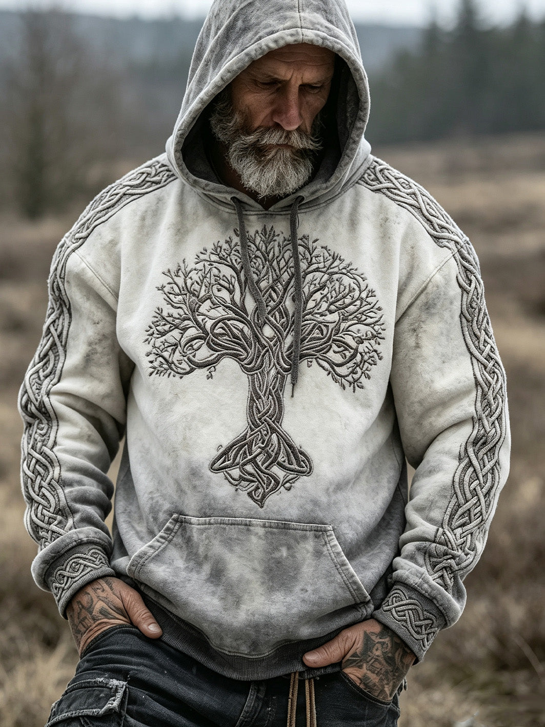 Kvartettens retro vikingaträdsmönster tryckt casual-huvtröja