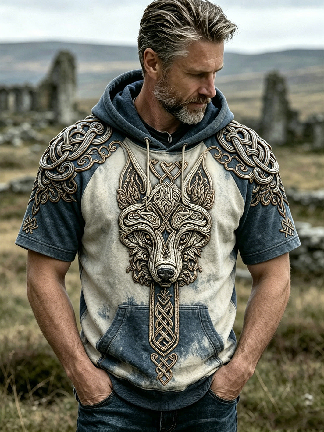 Mäns retro Viking varg huvud mönster tryckt avslappnad kort ärm huvöjt