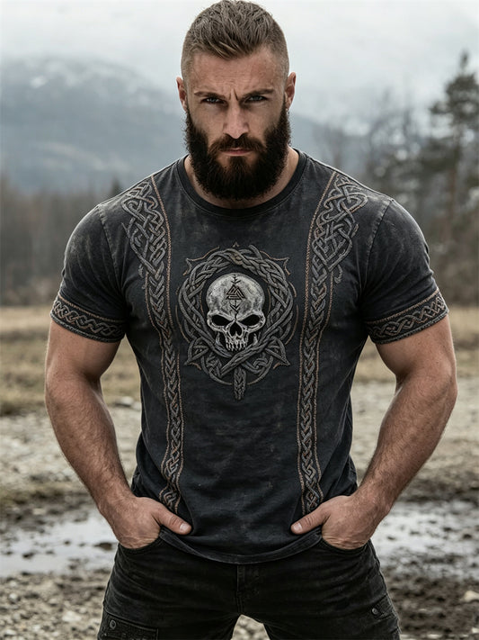 Mäns Vintage Viking Skull Celtic Knop Skriv ut korta ärmar t-shirt
