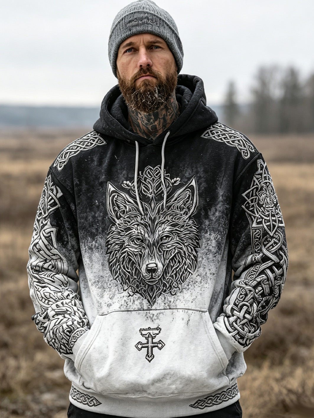 Kvaddad, avslappnad hoodie för herrar med retrotryck föreställande en vikingaruvulfs huvud