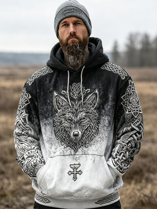 Kvaddad, avslappnad hoodie för herrar med retrotryck föreställande en vikingaruvulfs huvud