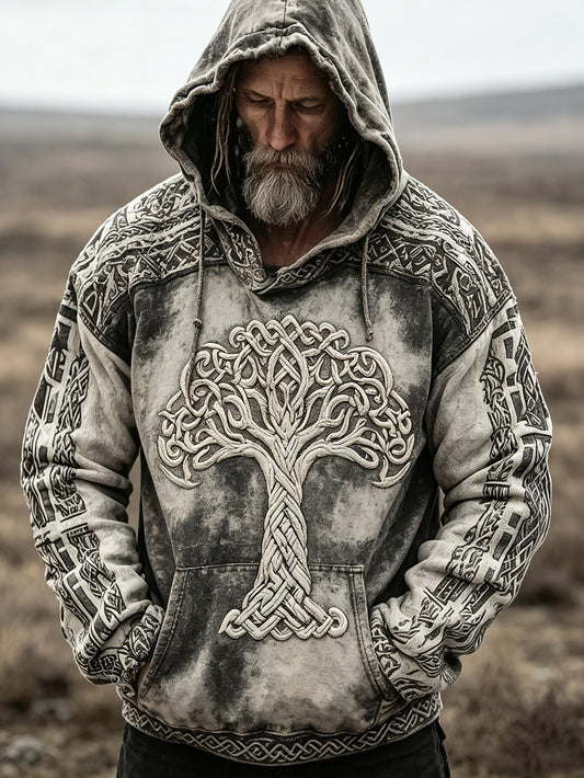 Kvartettens retro vikingaträdsmönster tryckt casual-huvtröja