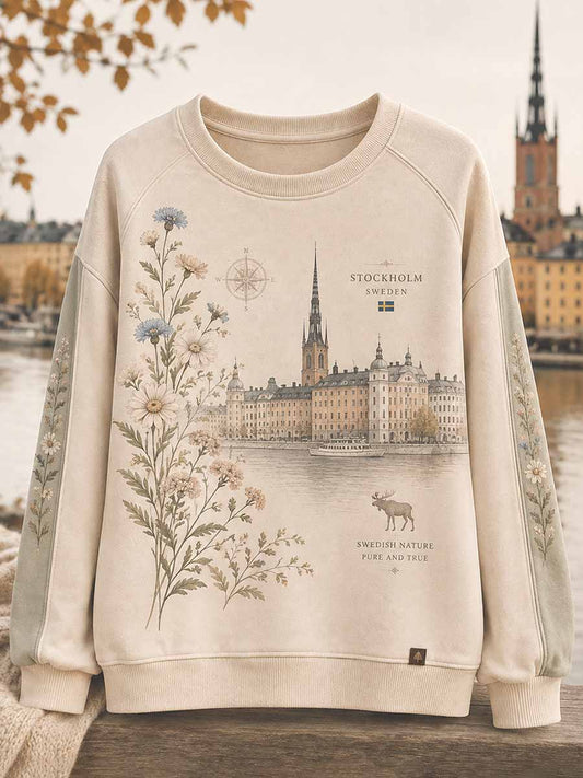 Kvinnor Retro Sverige Stockholm Mönster Tryckt sweathirt