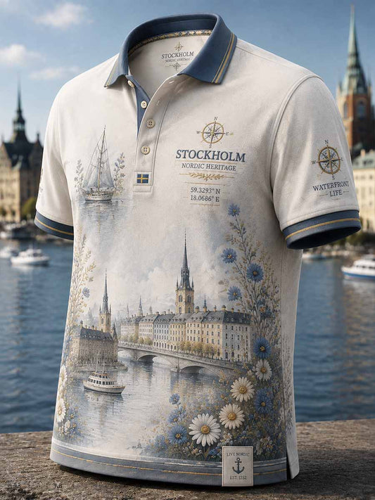 Herrpolotröja i retrostil med Stockholmsmönster