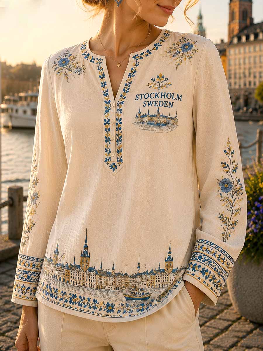 Kvinnor Retro Sverige Stockholm Mönster Tryckt på topp