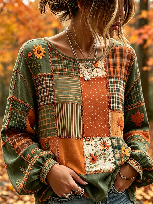 Kvinnors vintage fallen blad blommar färgblock lappverk Print bomull-Linen tröj
