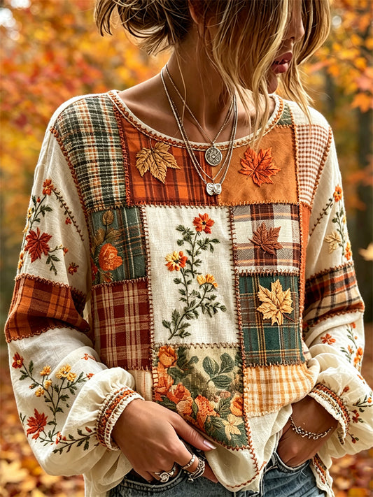 Damskjorta i vintagestil för hösten med fallande löv, blommönster, färgblock, patchwork och bomull-linnekvalitet
