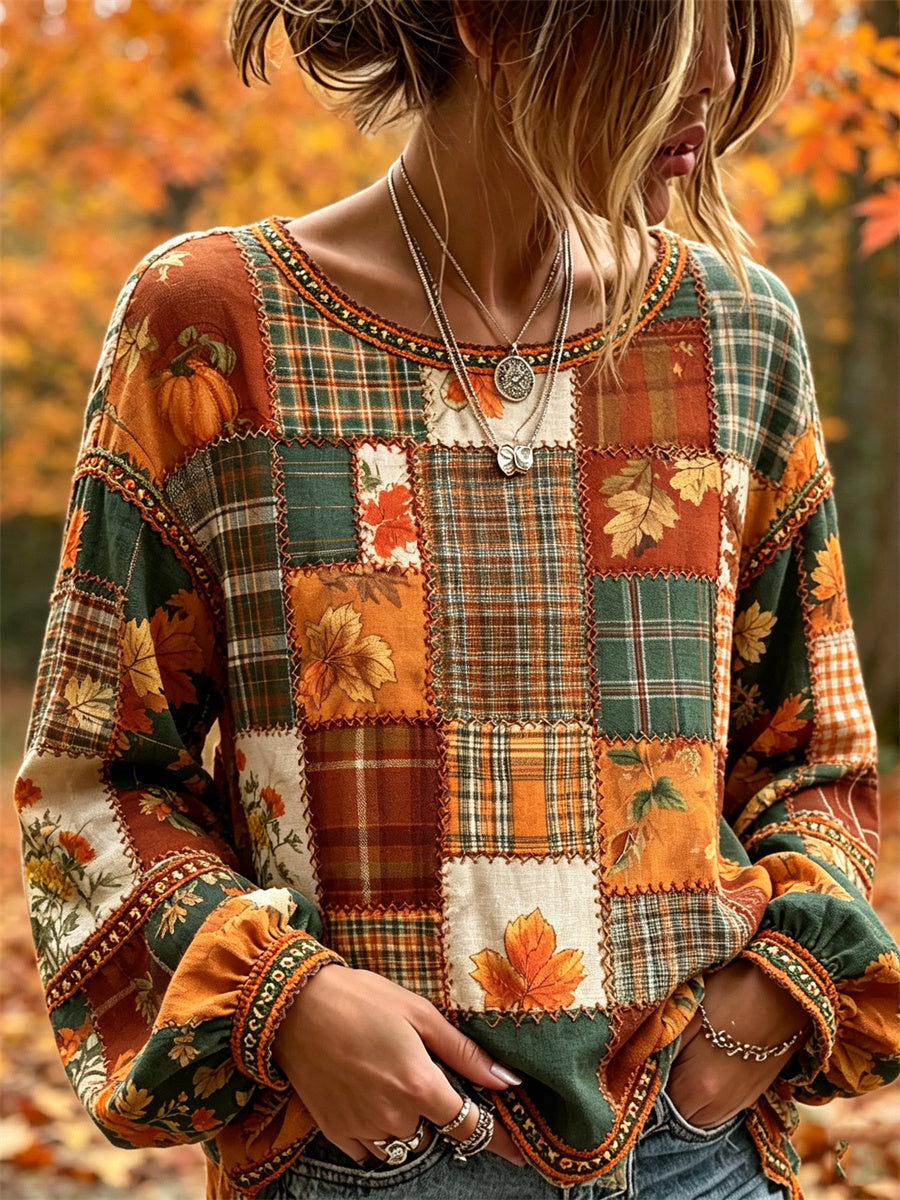 Kvinnors fall pumpa fallen blad blommiga färgblock lappverk Print bomull-Linen tröja