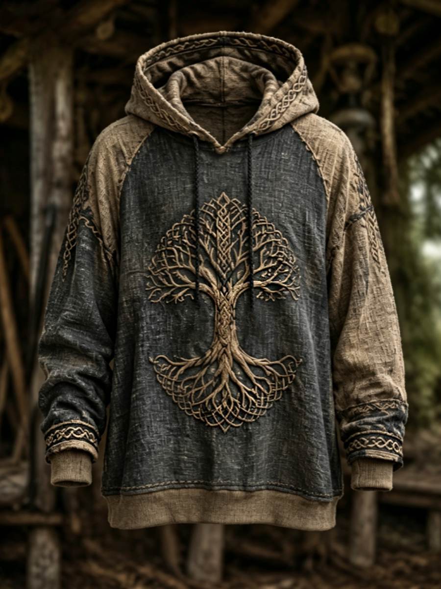 Herrlig retrovikingahuvtröja med valknut och livsträd, oversize