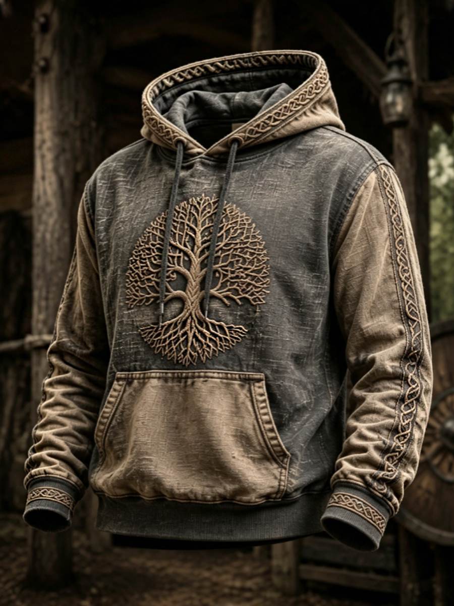Herrlig retrovikingahuvtröja med valknut och livsträd, oversize