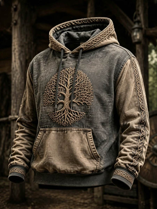 Herrlig retrovikingahuvtröja med valknut och livsträd, oversize