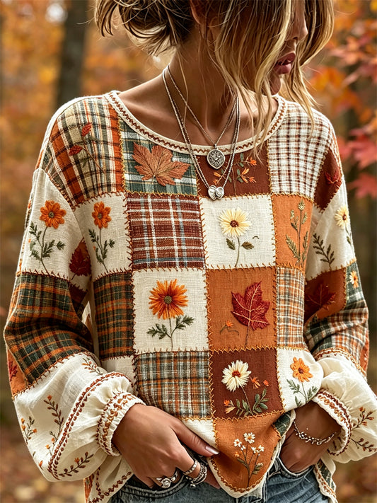 Damskjorta i vintagestil för hösten med fallande löv, blommönster, färgblock, patchwork och bomull-linnekvalitet