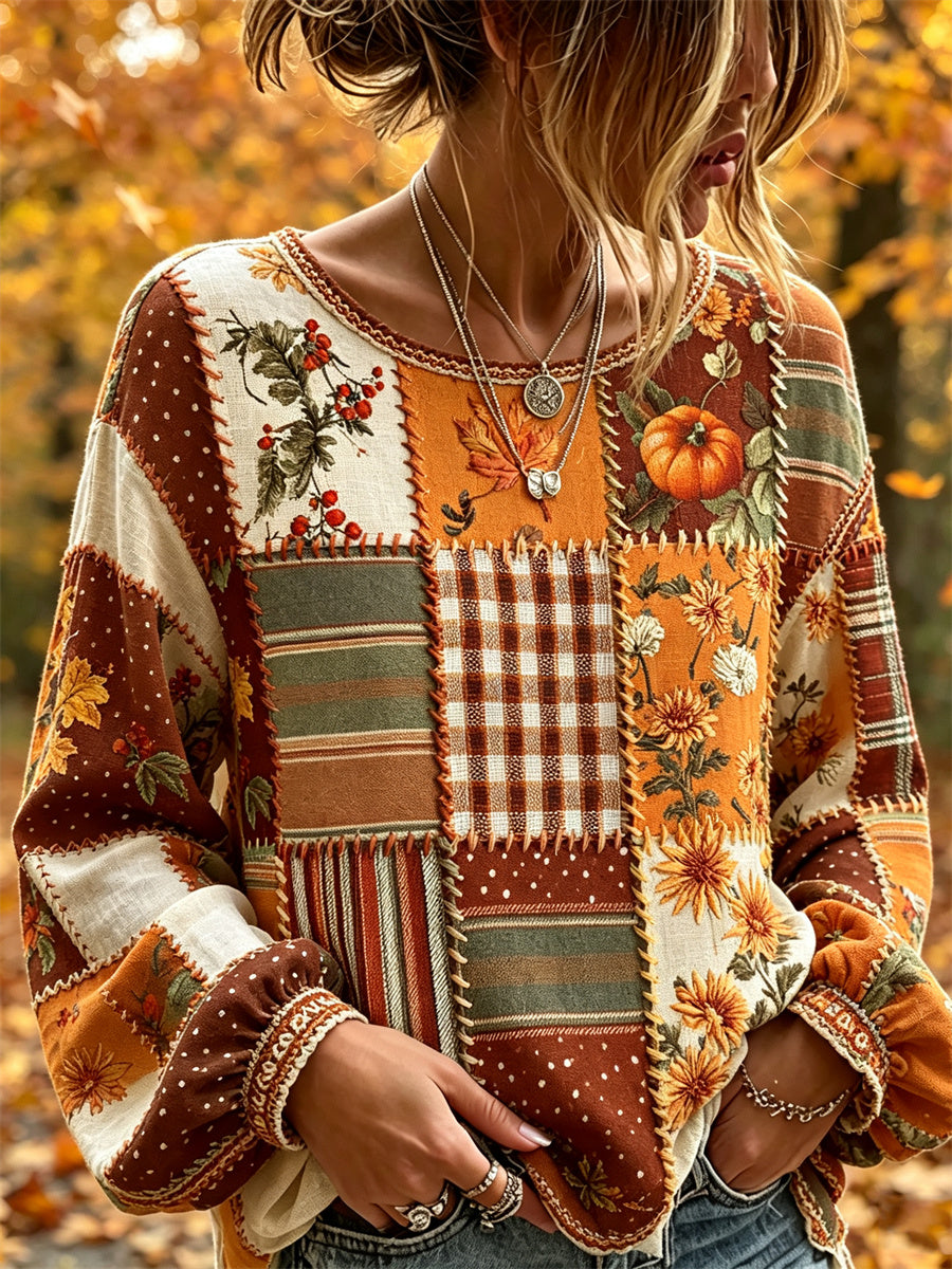 Kvinnors Vintage fall pumpa fallen blad blommiga färgblock Patchwork Print bomull-Linen tröja