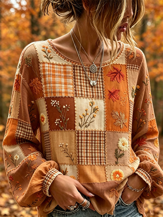 Damskjorta i vintagestil för hösten med fallande löv, blommönster, färgblock, patchwork och bomull-linnekvalitet
