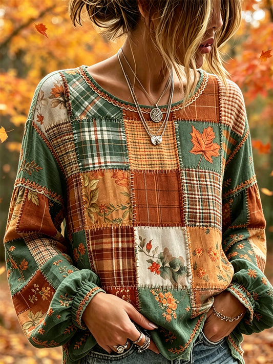 Damskjorta i vintagestil för hösten med fallande löv, blommönster, färgblock, patchwork och bomull-linnekvalitet