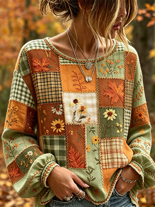 Damskjorta i vintagestil för hösten med fallande löv, blommönster, färgblock, patchwork och bomull-linnekvalitet
