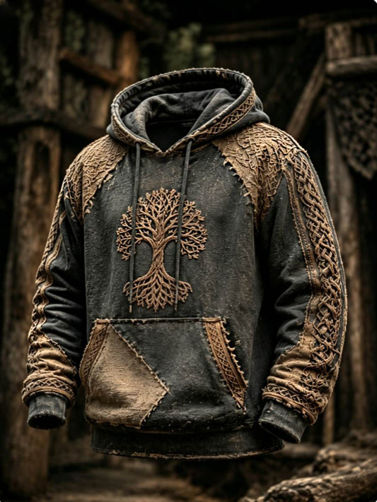 Herrlig retrovikingahuvtröja med valknut och livsträd, oversize