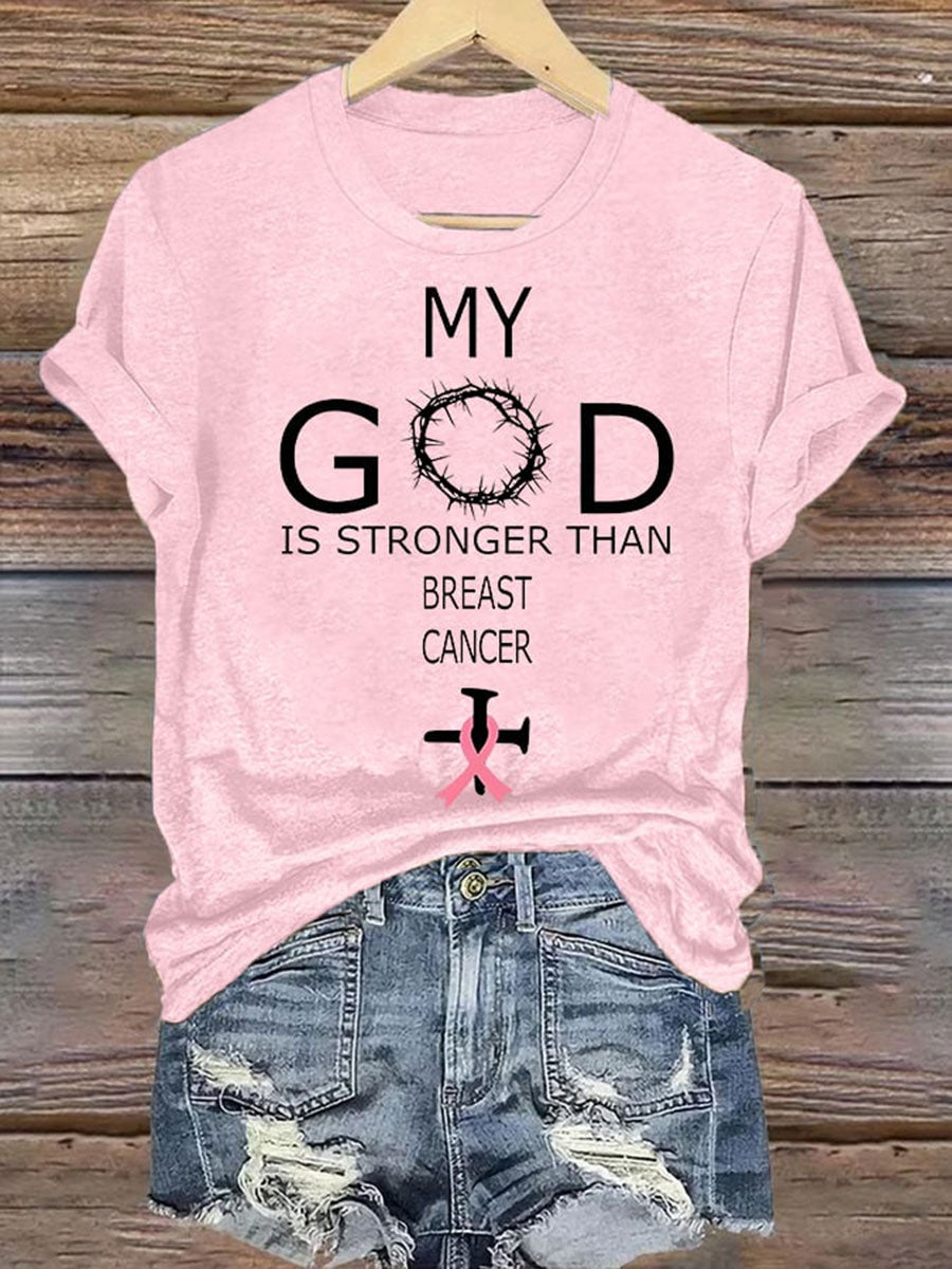 Kvinnors min Gud är starkare än Brest cancer kort ärm T-shirt