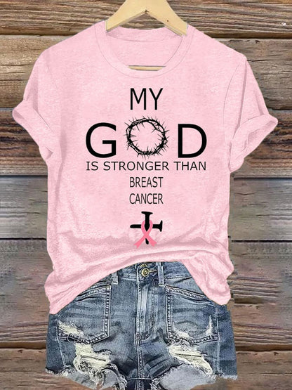 Kvinnors min Gud är starkare än Brest cancer kort ärm T-shirt