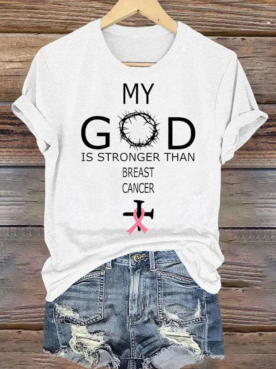 Kvinnors min Gud är starkare än Brest cancer kort ärm T-shirt
