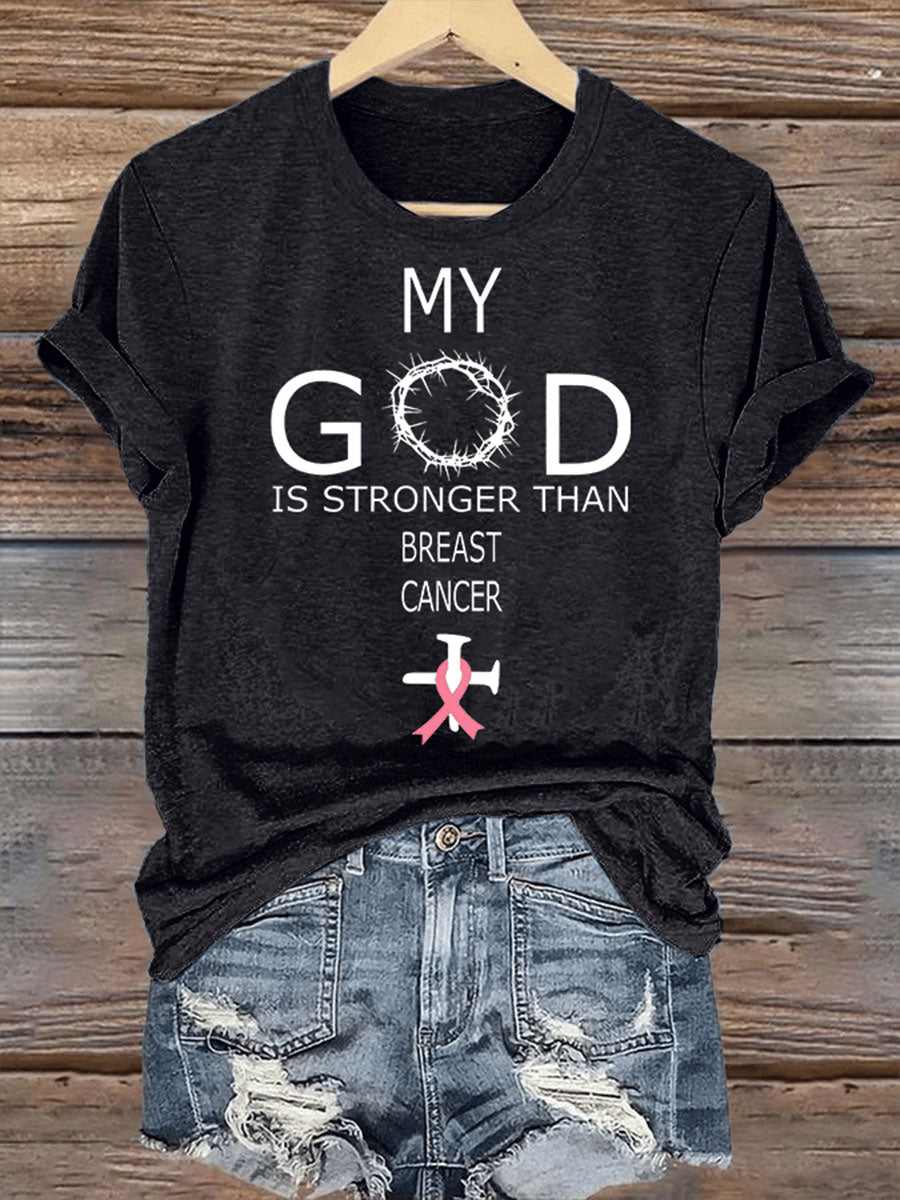 Kvinnors min Gud är starkare än Brest cancer kort ärm T-shirt