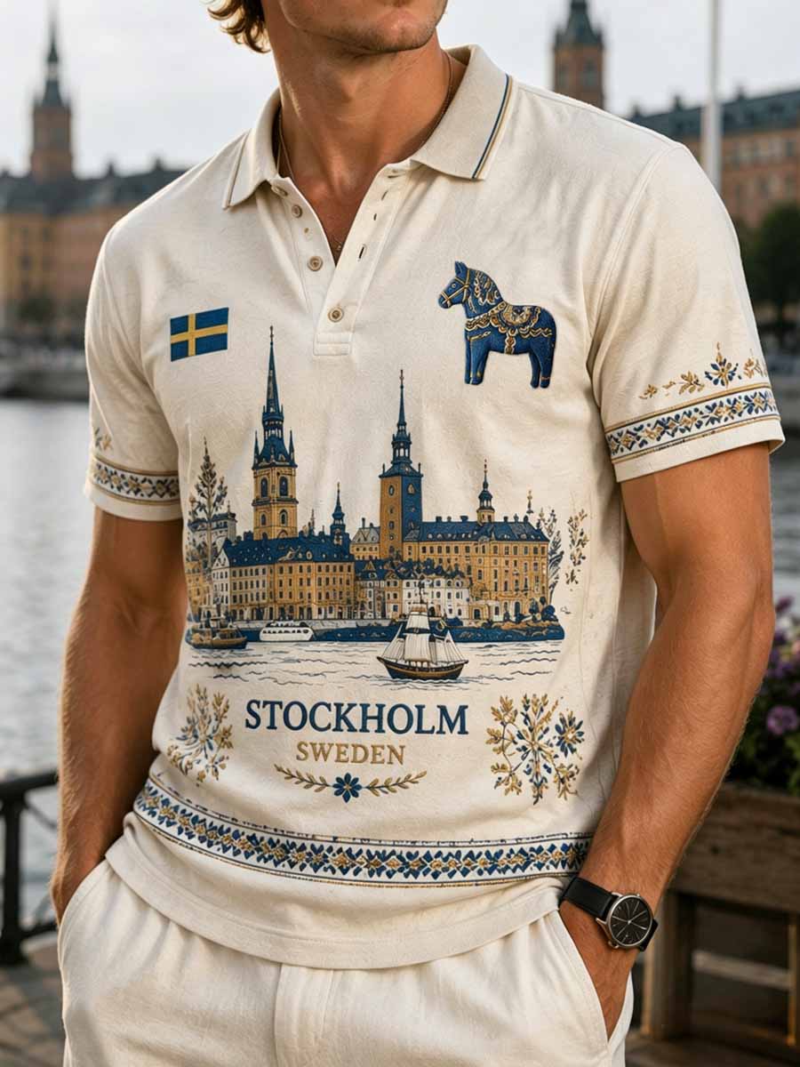 Herrpolotröja i retrostil med Stockholmsmönster