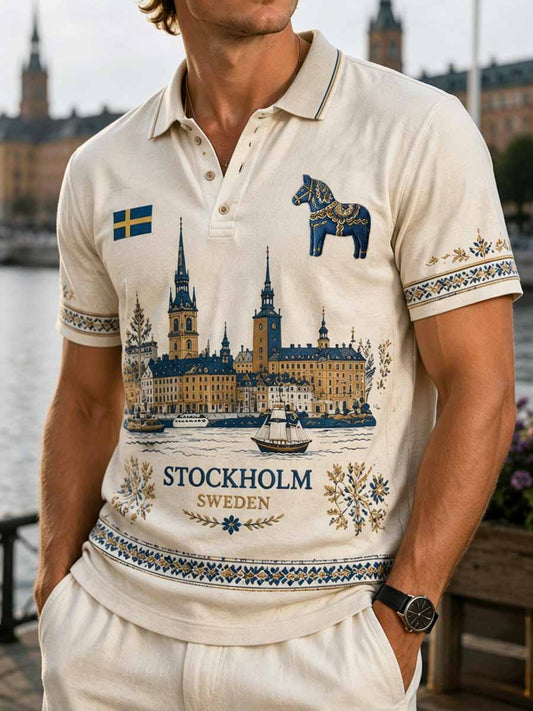 Herrpolotröja i retrostil med Stockholmsmönster