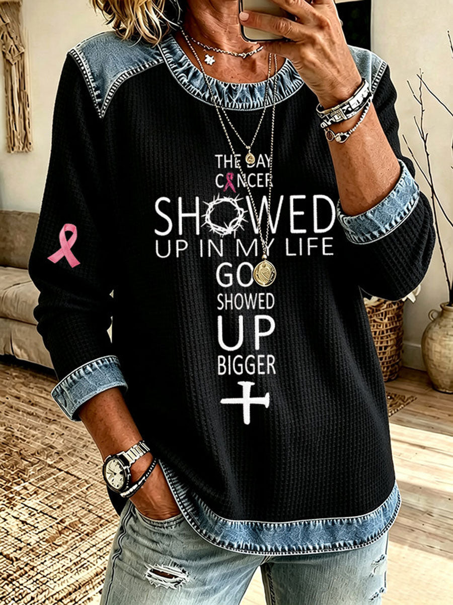 Kvinnors dagen cancer dök upp i mitt liv Gud dök upp större Denim Patchwork Topp