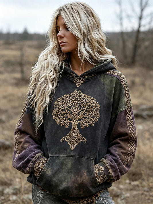 Kvinnor retro Viking Life Träd mönster tryckt avslappnad tröj