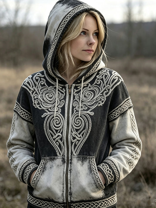 Kvinnors Retro Viking Celtic Knop mönster Tryckta Casual Zip-Up Hoodie.