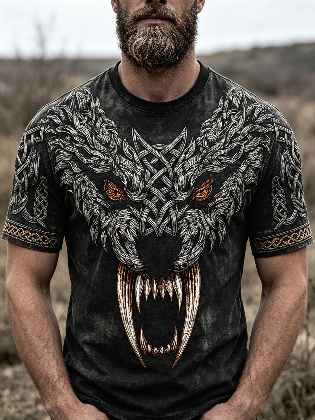 Herrlig retro-vikingatröja med vargansiktsmönster, tryckt på casual kortärmad t-shirt