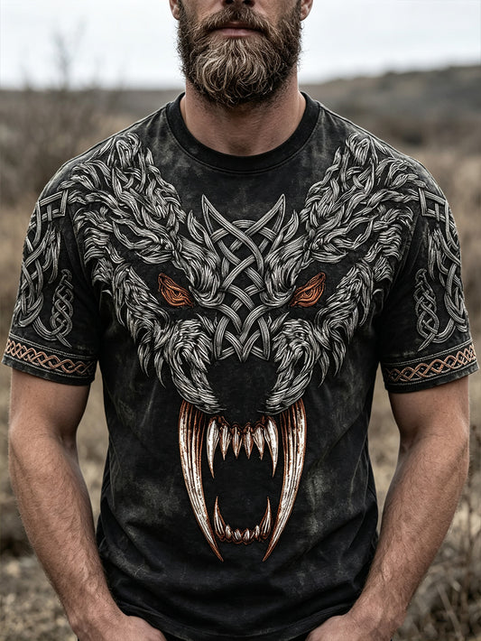 Herrlig retro-vikingatröja med vargansiktsmönster, tryckt på casual kortärmad t-shirt