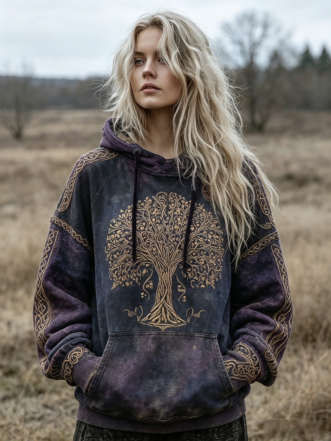 Kvinnors retro Viking Life Träd mönster tryckt avslappnad hoodie tryckt