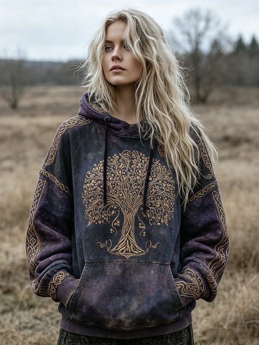 Kvinnors retro Viking Life Träd mönster tryckt avslappnad hoodie tryckt