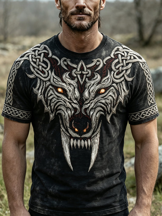 Herrlig retro-vikingatröja med vargansiktsmönster, tryckt på casual kortärmad t-shirt
