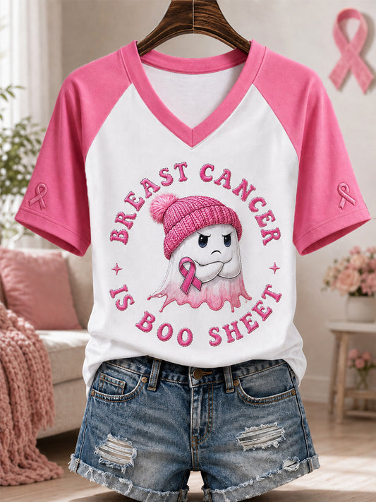 Kvinnors bröstcancer är Boo Sheet Halloween Rosa Ghost Print Bröstcancer medvetenhet Stöd V-Neck Tee