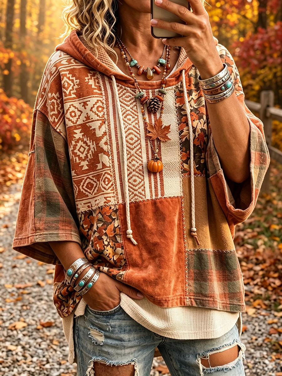 Kvinnors Retro etniska höst patchwork Print Bekväm Hoodie Print