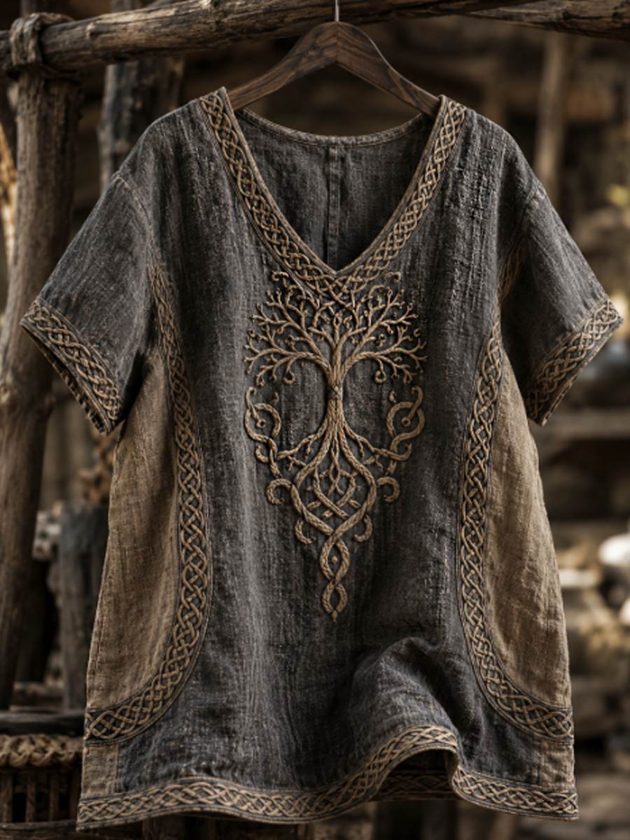 Kvinnors vikinga liv av träd Celti Konstlinne kortärmad T-shirt