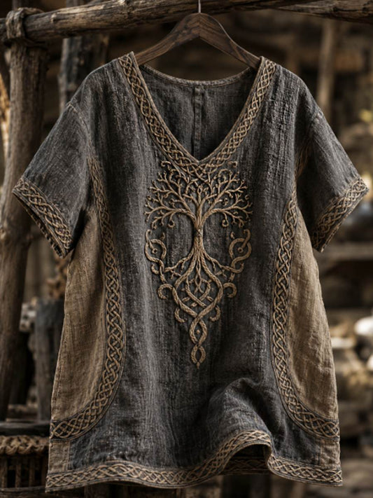 Kvinnors vikinga liv av träd Celti Konstlinne kortärmad T-shirt